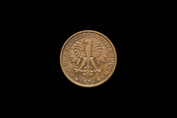 Polish People's Republic, Polska Rzeczpospolita Ludowa old 2 zloty, 2zl coin from 1976, obverse showing the coat of arms. Isolated on black background