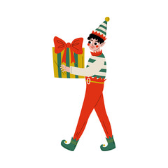 Christmas Elf Character Carrying Gift Box, Cute Boy Santa Claus Helper Vector Illustration