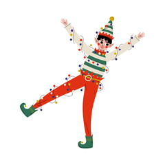 Christmas Elf Character Tangled in Garland, Cute Boy Santa Claus Helper Vector Illustration