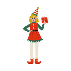 Christmas Elf Character Carrying Gift Box, Cute Girl Santa Claus Helper Vector Illustration