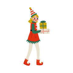 Christmas Elf Character Carrying Gift Boxes, Cute Girl Santa Claus Helper Vector Illustration