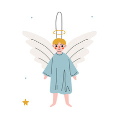 Cute Angel Christmas Tree Toy, New Year Decorative Element Hanging on Ribbon Vector Illustration