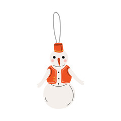 Snowman Traditional Christmas Decoration, New Year Symbol Hanging on Ribbon Vector Illustration