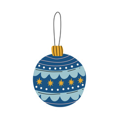 Blue Bauble Ball Traditional Christmas Decoration, New Year Decorative Element Hanging on Ribbon Vector Illustration