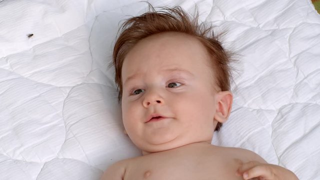 White smiling little child with dark thick hair and dark eyes is lying topless on the blanket on open air and observes the area. It is moving head and fingers. It raises left and right hand