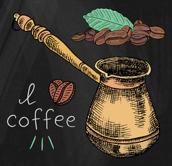 Beautiful illustration of the coffee pot with beans on chalkboard background - 292282591