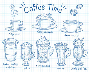 Coffee time. Beautiful illustration of types of coffee. Espresso, cappuccino,   americano, takeaway, latte, mocha, irish coffee - 292282733