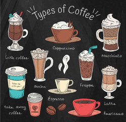Beautiful illustration of types of coffee. Espresso, cappuccino, americano,   takeaway, latte, mocha, irish coffee, frappe, cold coffee on chalkboard   background - 292282755