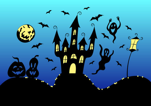 Halloween poster, greeting card template: spooky haunted house on the hill, bats, pumpkin jack lanterns, moon and street lamp.