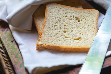 Fresh bread on wooden table., Homemade slide bread on the wooden broad
