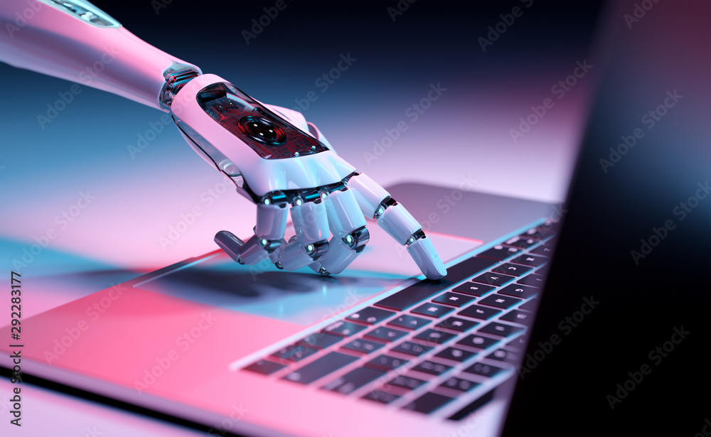 Wall mural robotic hand pressing a keyboard on a laptop 3d rendering