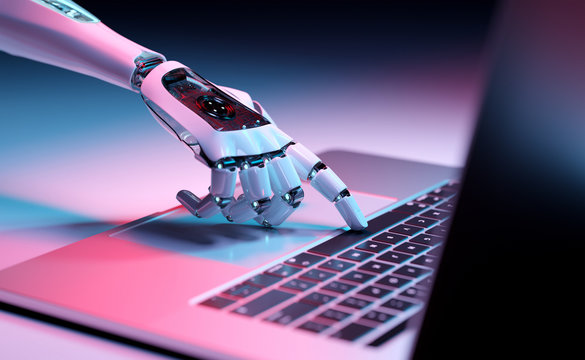 Robotic hand pressing a keyboard on a laptop 3D rendering