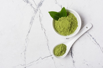 Top view of organic green matcha tea?powder
