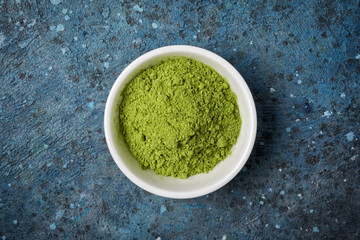 Top view of organic green matcha tea?powder