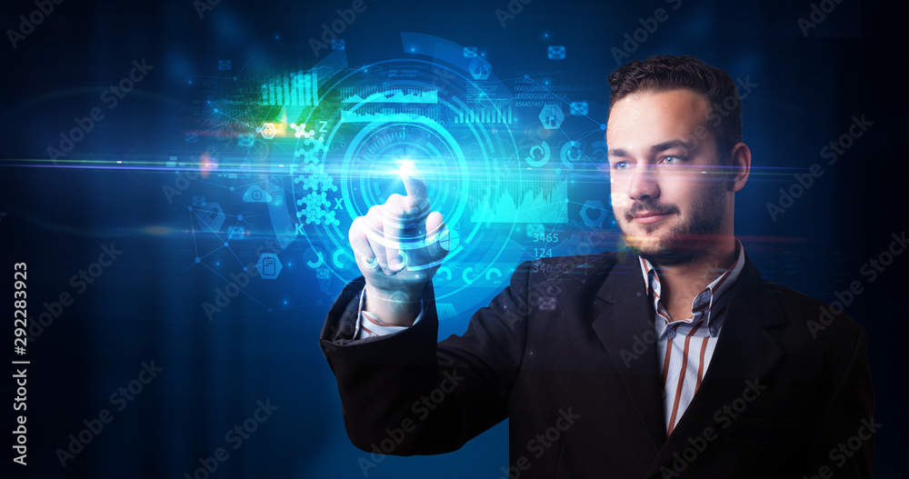 Poster man touching hologram screen displaying medical symbols and charts