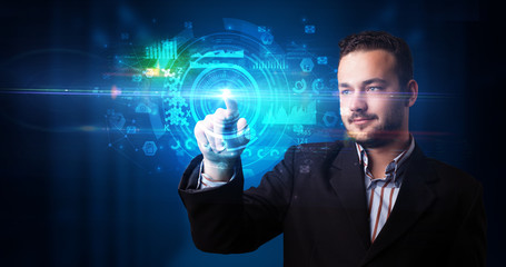 Man touching hologram screen displaying medical symbols and charts