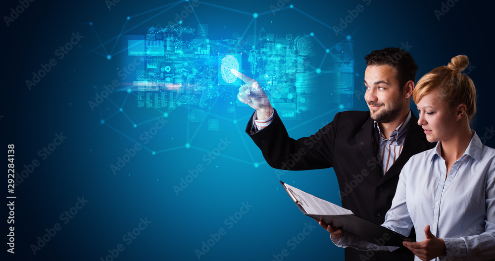 Poster man and woman accessing modern hologram personal database with fingerprint identification