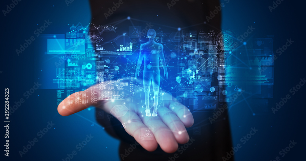 Poster young person holding hologram projection displaying health related graphs and symbols