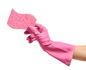 Female hand in glove holding cleaning sponge on white background