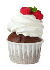Tasty cupcake with cream top isolated on white background