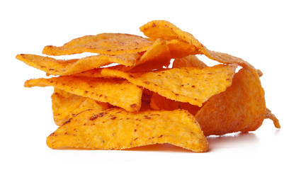 Nachos chips close up on white background