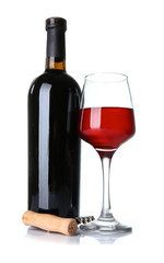 Glass and bottle of wine with corkscrew on white background