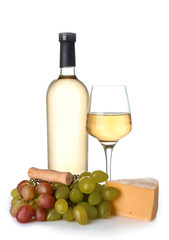 Glass and bottle of wine with cheese on white background