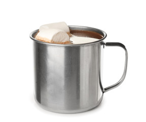 Cup of hot chocolate with marshmallows on white background