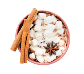 Cup of hot chocolate with marshmallows on white background