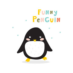 Cartoon cute penguins vector character. Christmas print with penguins in hats. Bright funny cartoon card .