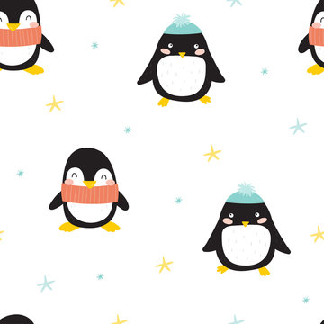 Seamless pattern with penguins. Cute penguin cartoon illustration. Animals pattern.