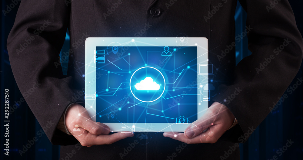 Poster formal hand in server room with virtual workspace concept