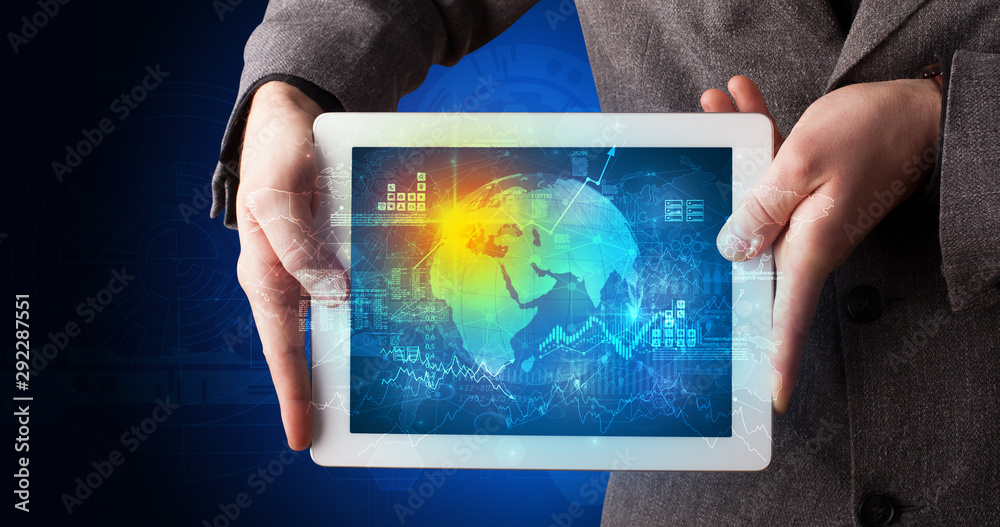 Poster hand holding tablet with global database concept