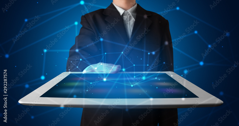 Poster formal hand in a dark space with virtual connection network concept