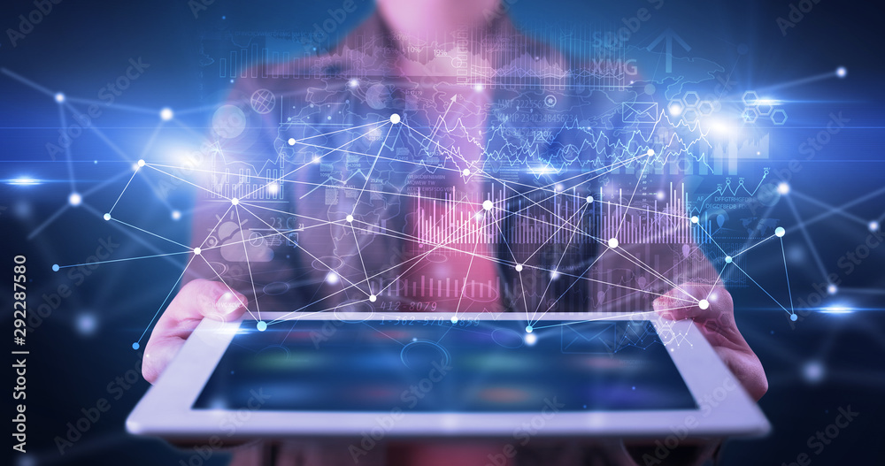 Poster elegant hand holding tablet with virtual database and network concept