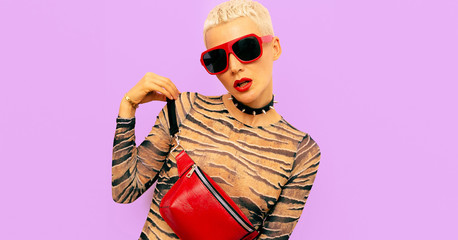 Fashion Cute Luxury Girl Stylish accessories. Clutch, sunglasses and choker. Red passion accent