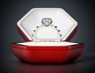 Wedding diamond ring standing in hexagonal box. 3D illustration