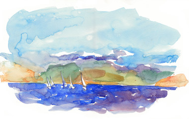 Seascape with sailing yachts in watercolor style