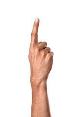 Male hand with raised index finger on white background