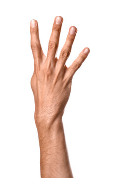 Male Hand Showing Four Fingers On White Background