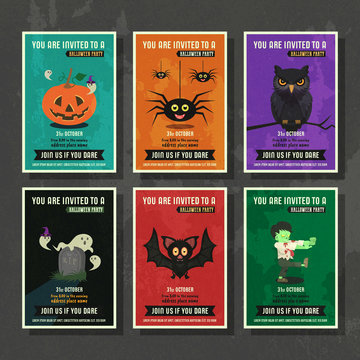 Happy halloween vector greeting card with cartoon character set.