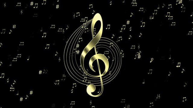 Gold Treble Clef with Background. Elegant treble clef animation, gold shine texture with gold border line and decorative music score 3840x2160 resolution.