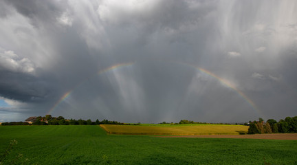 rainbow over a yellow green field with grey clouds dramatic