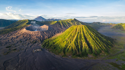 Panoramic view of Mount Bromo volcano during sunrise scene at Bromo tengger semeru national park, East Java, Indonesia