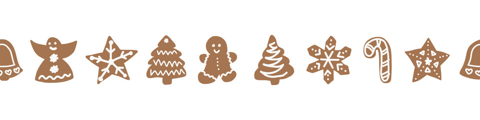 Stoffe zum Nähen Christmas border with gingerbread cookies. Hand drawn vector illustration for New Year holidays design. Angel, star, tree, candy cane, gingerbread man cookies. Use for border, ribbon, trim, cards