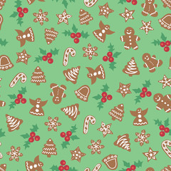 Christmas cookies seamless vector background. Holiday pattern gingerbread tree, bell, angel, candy cane, snowflake. Christmas repeating texture for surface design, wallpaper, fabric, wrapping paper