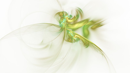 Abstract transparent green and golden crystal shapes. Fantasy light background. Digital fractal art. 3d rendering.