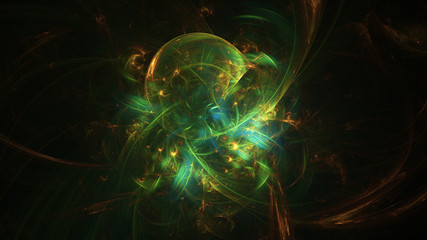 Abstract transparent green and golden crystal shapes. Fantasy light background. Digital fractal art. 3d rendering.