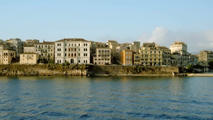 Scenic landscape of Corfu coastline from the Mediterranean sea. Greece. 4K