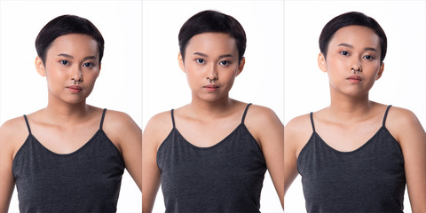 Fashion Young tanned skin Asian Woman short fringe hair wear Gray vast short jean and high platform...